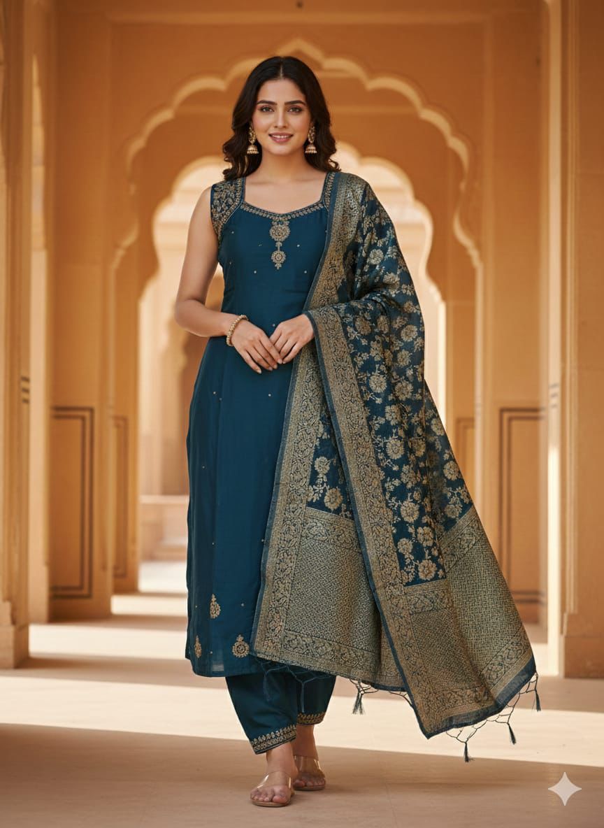Teal Blue Embroidered Kurta Set with Jacquard Dupatta