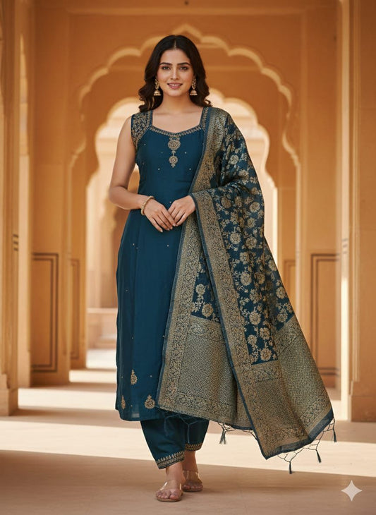 Teal Blue Embroidered Kurta Set with Jacquard Dupatta