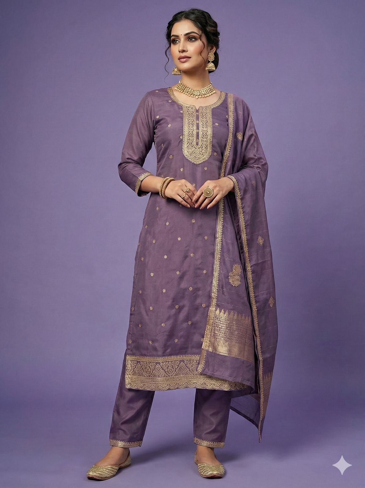 Purple Silk Embroidered Kurta Set with Dupatta